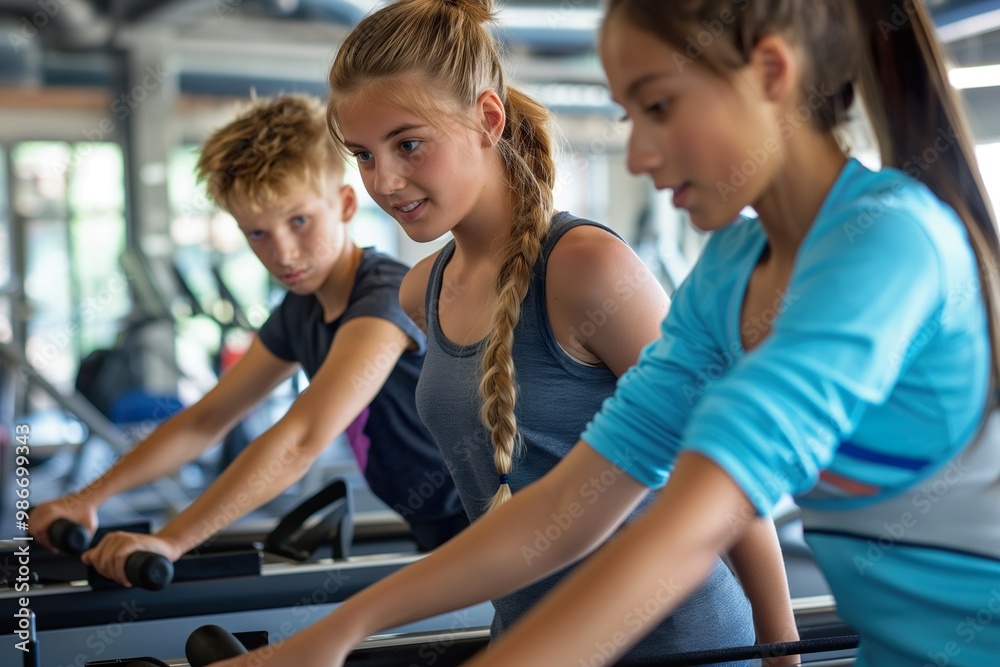 Instructor guides teens through exercise routines at a fitness center during afternoon training session Instructor guides teens through exercise routines at a fitness center during afternoon training session