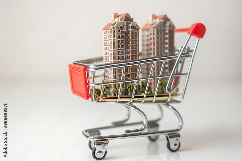 Exploring the creative concept of real estate investment represented by a shopping cart with miniature buildings as a selling idea Exploring the creative concept of real estate investment represented by a shopping cart with miniature buildings as a selling idea
