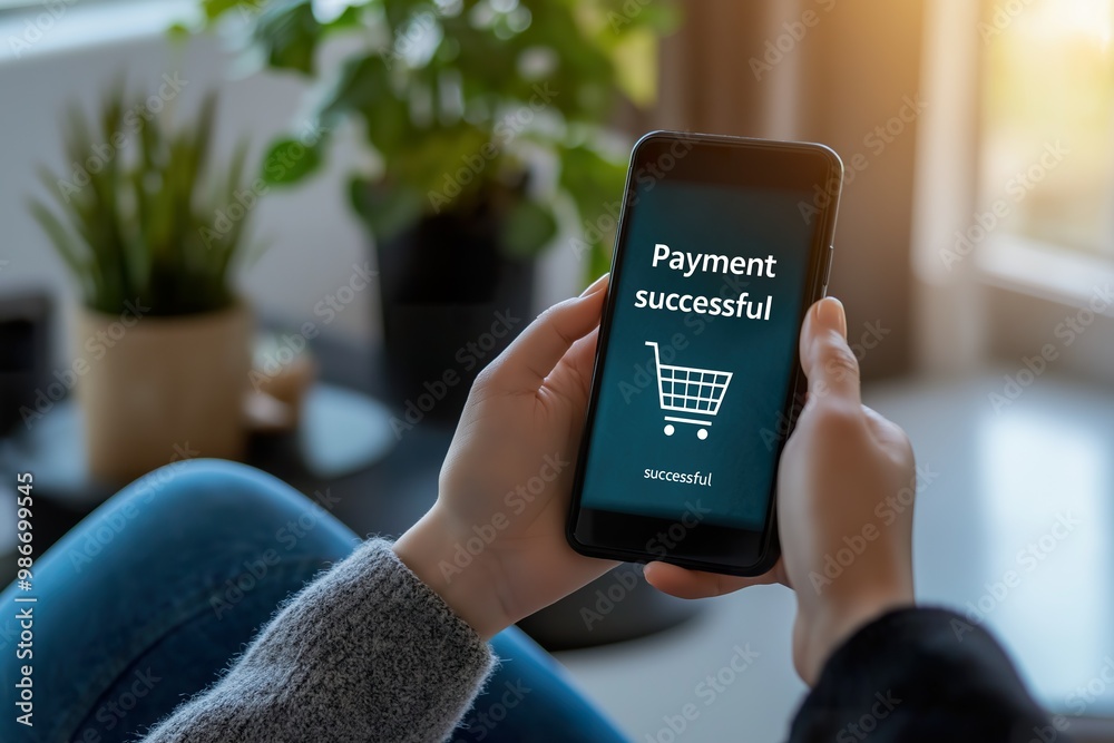 A person enjoying online shopping at home, focused on their phone with vibrant colors around, during a relaxing evening A person enjoying online shopping at home, focused on their phone with vibrant colors around, during a relaxing evening