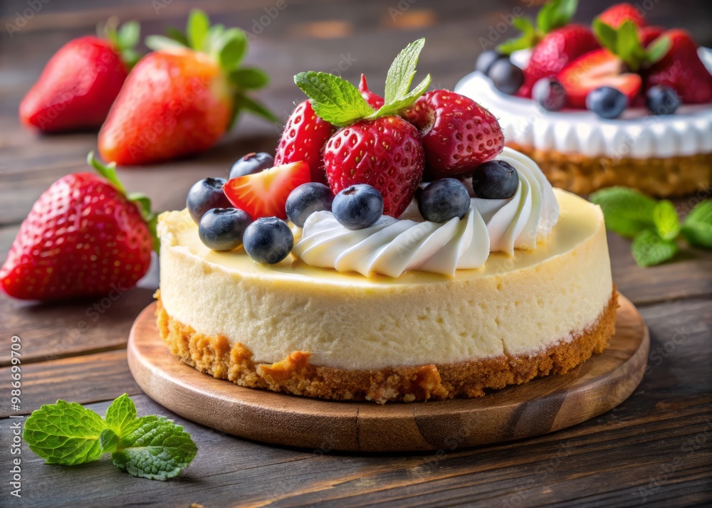 Rich and creamy cheesecake settled on a crunchy graham cracker crust, finished with vibrant fruit and a dollop Rich and creamy cheesecake settled on a crunchy graham cracker crust, finished with vibrant fruit and a dollop