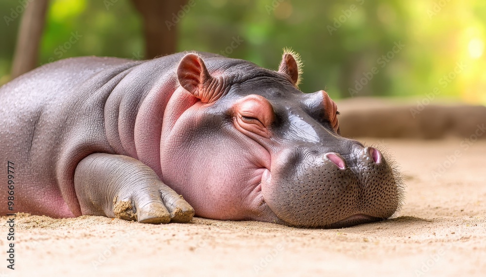 Baby hippopotamus napping under the shade of a tree, relaxed and peaceful, soft sunlight. Baby hippopotamus napping under the shade of a tree, relaxed and peaceful, soft sunlight.