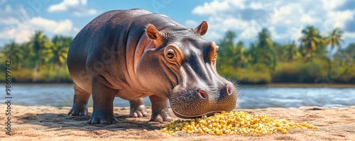 Baby hippopotamus eating corn next to a tropical riverbank, sunny day, 3D illustration  photo