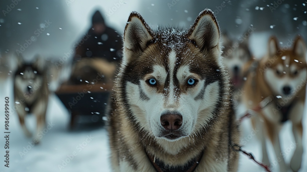 Huskies Pulling a Sled Through Snowy Forest Trail with Musher in Background