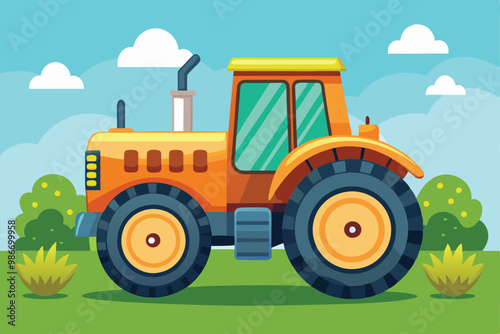 A colorful cartoon farm tractor parks in a serene field under a clear blue sky and fluffy clouds, Customizable cartoon illustration of a farm tractor.