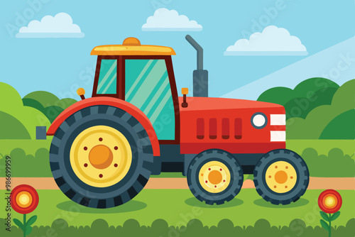 A cheerful red farm tractor stands in a sunny field surrounded by flowers and greenery, Customizable cartoon illustration of a farm tractor.
