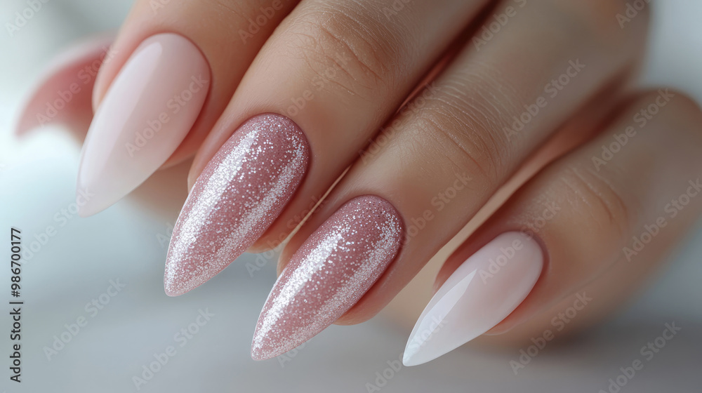 A woman's hand with long, pointed nails painted in a pink and white color scheme. The nails are adorned with glitter, giving them a glamorous and elegant appearance A woman's hand with long, pointed nails painted in a pink and white color scheme. The nails are adorned with glitter, giving them a glamorous and elegant appearance