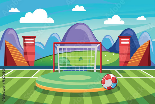 A cartoon-style football goal sits on a green pitch surrounded by colorful mountains and clouds, Customizable cartoon illustration of a football goal.