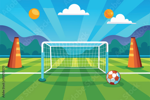 A colorful football setup features a goal, a ball, and training cones in a sunny park environment, Customizable cartoon illustration of a football goal.