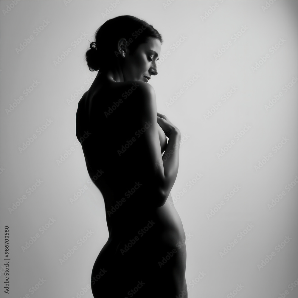 Portrait of Young Woman from behind standing nude and covering herself, Dramatic Lighting from side, women's health, advocate