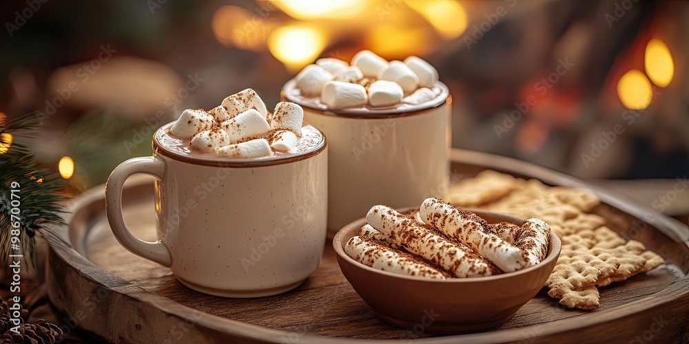 Roasted marshmallows and hot chocolate by the campfire in the winter outdoors Roasted marshmallows and hot chocolate by the campfire in the winter outdoors