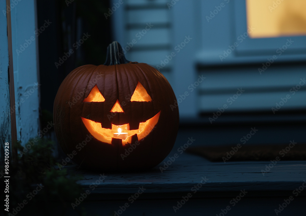 Obraz premium A close-up of a carved Jack-o'-lantern with a glowing candle inside, placed on a porch during twilight.