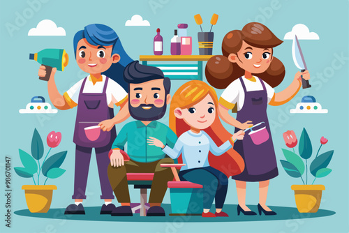 Cheerful hairdressers attend to clients in a lively salon filled with plants and colorful decor, Customizable cartoon illustration of a hairdresser team.