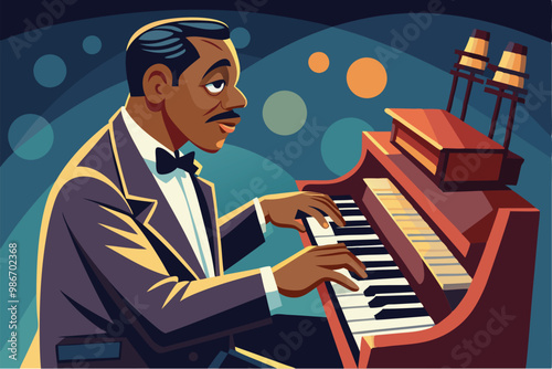 A jazz pianist performs passionately at a vibrant venue under colorful lights, capturing the spirit of music, Customizable cartoon illustration of a jazz pianist.