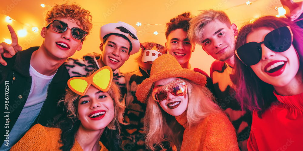 Obraz premium Gen Z friends in quirky costumes at a Halloween photo booth 
