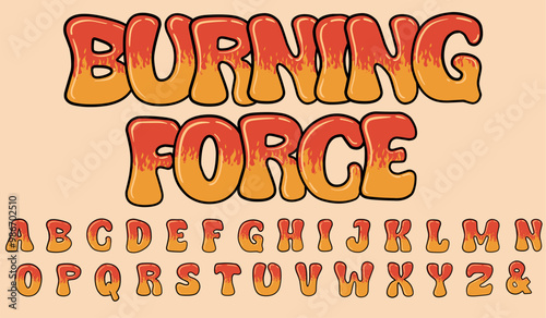 Burning fire font alphabet illustration vector, fire lettering with retro font style. lettering burning force with retro font style.