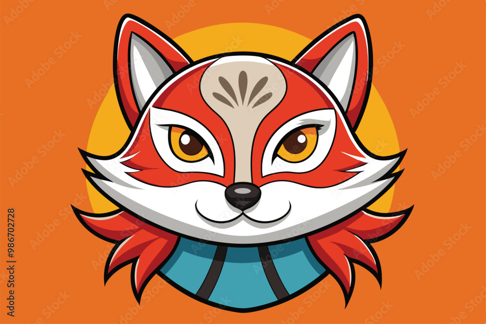 A colorful kitsune mask illustration featuring sharp angles, bright colors, and playful details, Customizable cartoon illustration of a Kitsune mask. A colorful kitsune mask illustration featuring sharp angles, bright colors, and playful details, Customizable cartoon illustration of a Kitsune mask.