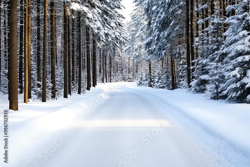 A snow-covered forest in winter, with tall evergreens blanketed in white and a peaceful path winding through