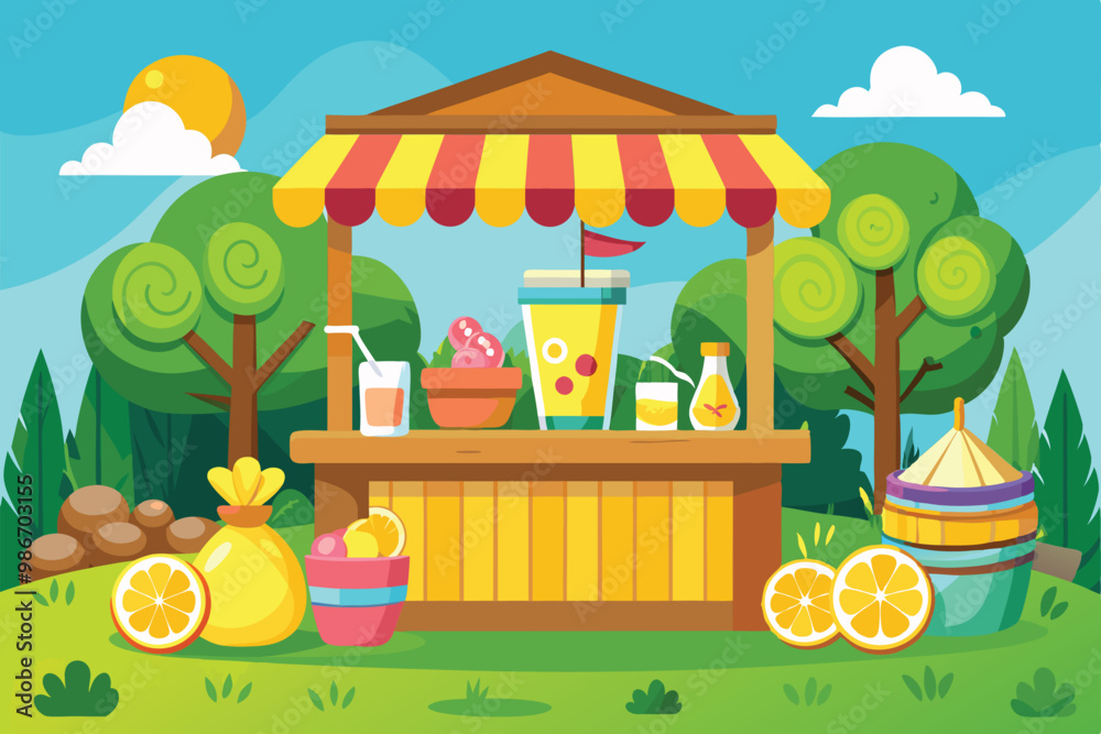 Obraz premium A colorful lemonade stand surrounded by fruits and trees, ready to serve refreshing drinks on a sunny day, Customizable cartoon illustration of a lemonade stand.
