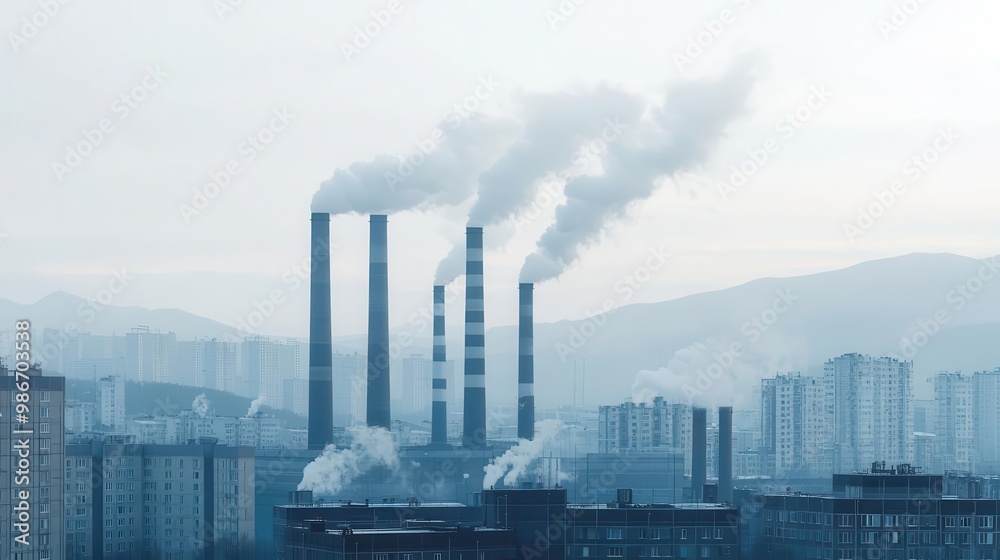 Factory smokestacks emitting smoke against a dense urban skyline, showcasing large-scale industrial manufacturing Factory smokestacks emitting smoke against a dense urban skyline, showcasing large-scale industrial manufacturing