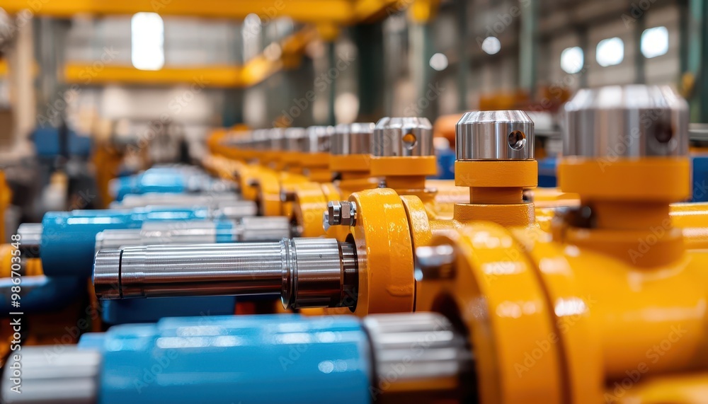 Large-scale hydraulic system with interconnected pistons and mechanical parts, industrial precision in action