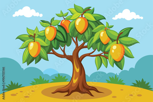 A vibrant mango tree stands under a clear sky, showcasing ripe fruit among lush green leaves, Customizable cartoon illustration of a mango tree.