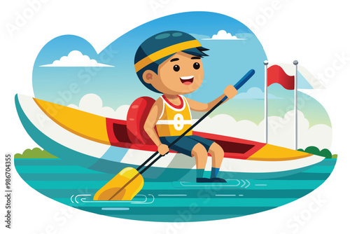 A cheerful young athlete in a kayak enjoys paddling on a calm river under a sunny sky, Customizable cartoon illustration of a paralympic canoe.