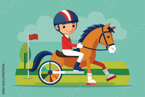 A young rider with a helmet competes in a colorful equestrian event with a horse on a green field, Customizable cartoon illustration of a paralympic canoe.