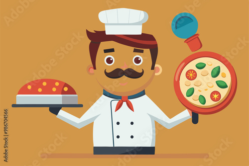 A cartoon pizza maker joyfully holds a pizza and a plate, showcasing his culinary skills in the kitchen, Customizable cartoon illustration of a pizza maker.