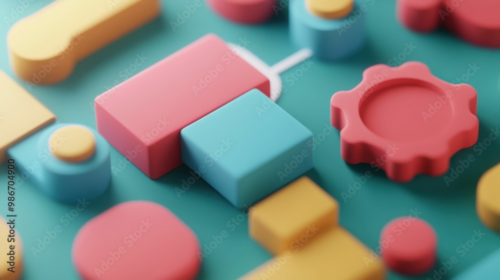 Vibrant 3D shapes, including blocks, gears, and cylinders in various colors, arranged on a turquoise surface to form an abstract design concept. Vibrant 3D shapes, including blocks, gears, and cylinders in various colors, arranged on a turquoise surface to form an abstract design concept.