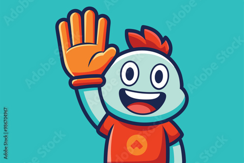 A whimsical character happily raises their hand, inviting interaction with a vibrant expression, Customizable cartoon illustration of a raised hand.