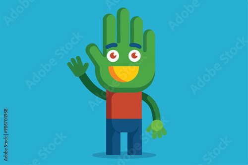 A vibrant cartoon character features a raised hand, smiling and greeting viewers in a playful manner, Customizable cartoon illustration of a raised hand.