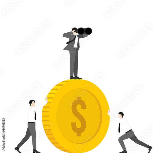 Teamwork driven businessman stands on a dollar coin uses binoculars, forecast economic trend and financial opportunity. Vector illustrates collaboration, strategy, and business leadership for success