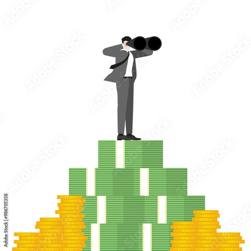 Vector illustration of a businessman standing on a stack of banknotes and coins, using binoculars to vision and financial success. business, finance, and investment. Future growth and opportunities