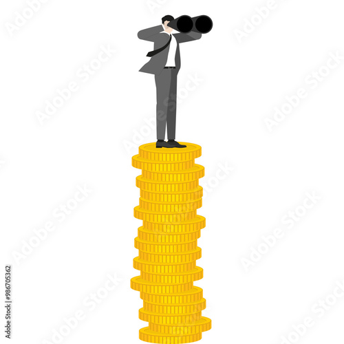 A businessman stands on a stack of coins using binoculars, a visionary approach to investment. The vector of the blend of financial strategy and opportunity essential for success in today's economy