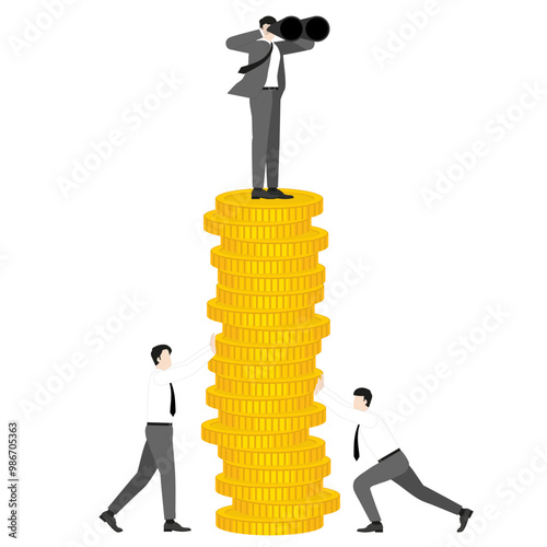 A businessman with binoculars on a stack of coins, represent the importance of vision in business and finance. The scene of teamwork as essential for navigating economic opportunities and growth