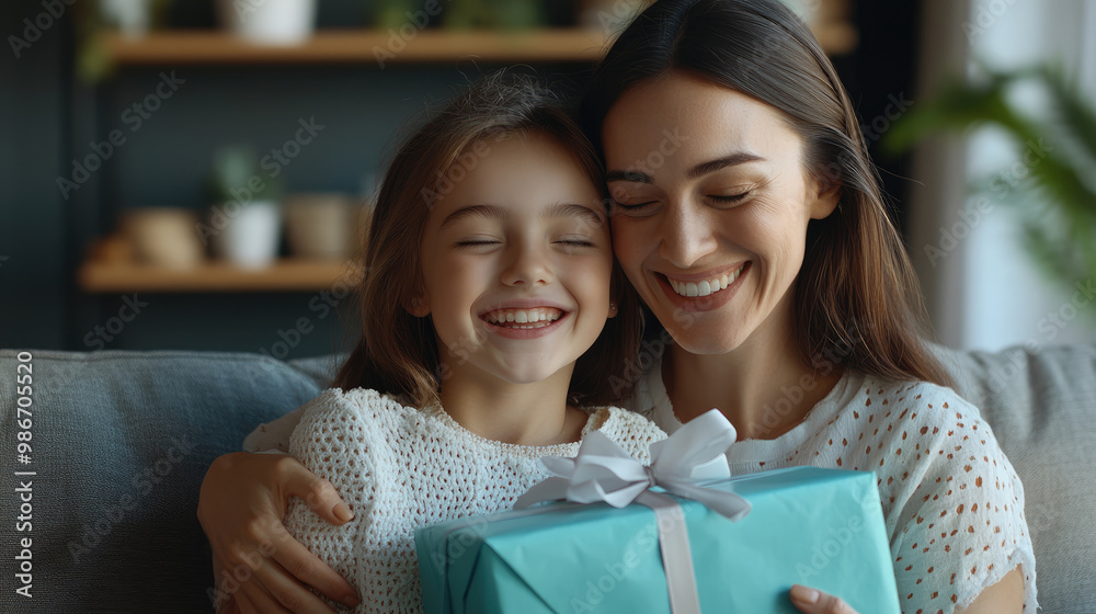 A woman is holding a blue gift box and smiling at a young girl. The scene conveys a warm and loving atmosphere, as the woman is likely presenting the gift to the child as a token of her affection A woman is holding a blue gift box and smiling at a young girl. The scene conveys a warm and loving atmosphere, as the woman is likely presenting the gift to the child as a token of her affection