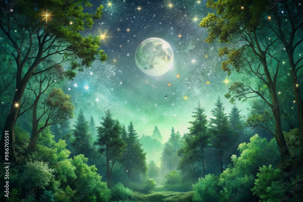 Silver moonbeams dance across the canopy of emerald forest, where starlight twinkles like Tinker Bell's laughter and Silver moonbeams dance across the canopy of emerald forest, where starlight twinkles like Tinker Bell's laughter and