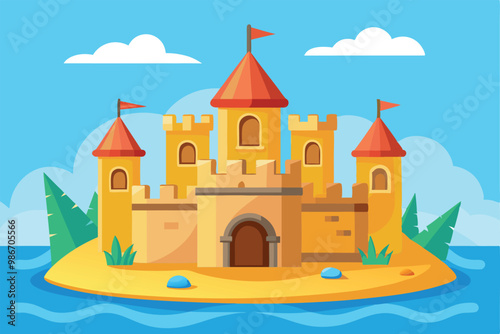 A vibrant sand castle sits on an island with colorful flags, surrounded by a serene ocean and palm trees, Customizable cartoon illustration of a sand castle.