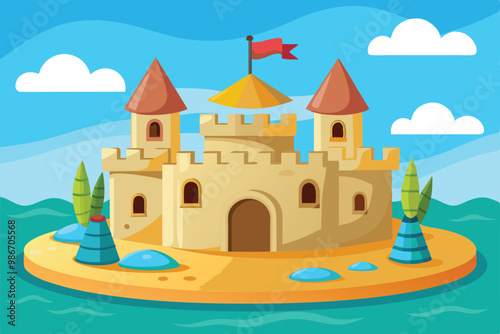 A vibrant sand castle sits on a small island, surrounded by blue water, with palm trees and fluffy clouds above, Customizable cartoon illustration of a sand castle.