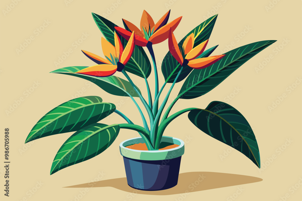 A colorful cartoon illustration showcases a strelitzia plant with bright orange flowers and lush green leaves, Customizable cartoon illustration of a Strelitzia plant. A colorful cartoon illustration showcases a strelitzia plant with bright orange flowers and lush green leaves, Customizable cartoon illustration of a Strelitzia plant.