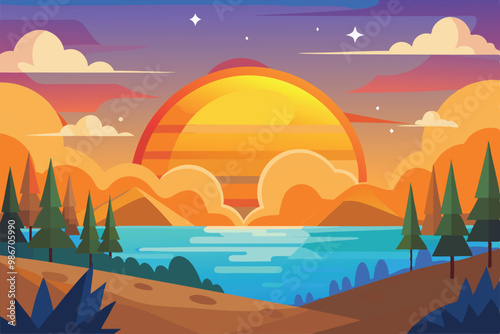 A bright sunrise emerges above a calm lake, surrounded by mountains and colorful clouds in the sky, Customizable cartoon illustration of a sunrise.