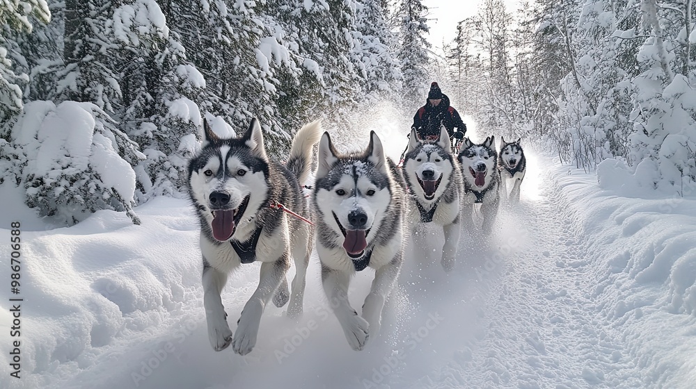 Huskies Pulling a Sled Through Snowy Forest Trail with Musher in Background
