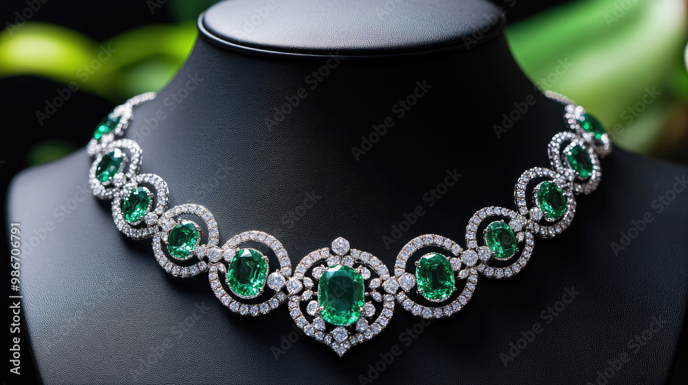 A green necklace with diamonds and emeralds is on display. The necklace is made of precious stones and is very shiny A green necklace with diamonds and emeralds is on display. The necklace is made of precious stones and is very shiny