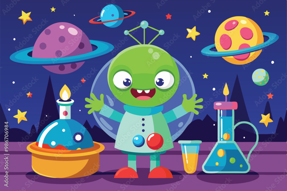 Naklejka premium An alien scientist surrounded by planets and scientific equipment is conducting experiments in space, Customizable cartoon illustration of alien science