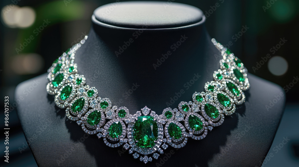 A necklace with green stones is on display. The necklace is made of diamonds and emeralds A necklace with green stones is on display. The necklace is made of diamonds and emeralds