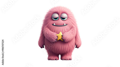 Cute and funny pink monster 3D cartoon character on transparent background