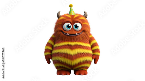 Cute and funny  monster 3D cartoon character on transparent background