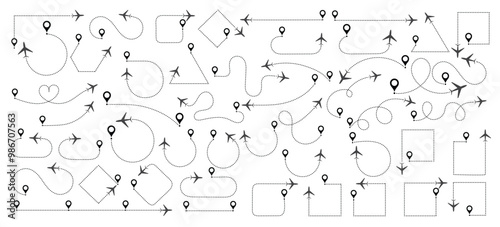 large set of aircraft and flight icons from start point and along trajectory isolated on white background.  Vector illustration.