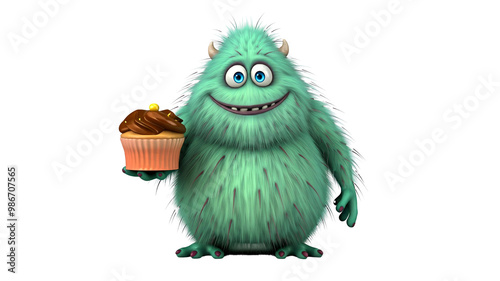 Cute and funny blue  monster 3D cartoon character on transparent background