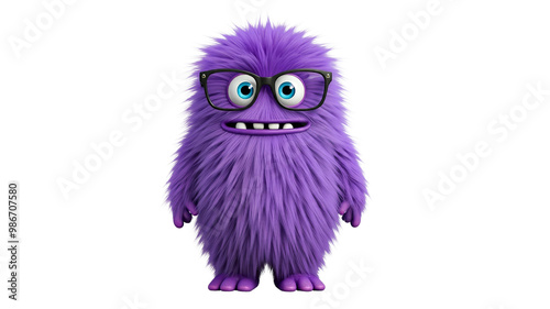 Cute and funny purple monster 3D cartoon character on transparent background